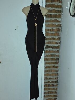 Zara Maxi Dress Size S Small Racerback Grupo Inditex Ruched Gold Tone Necklace